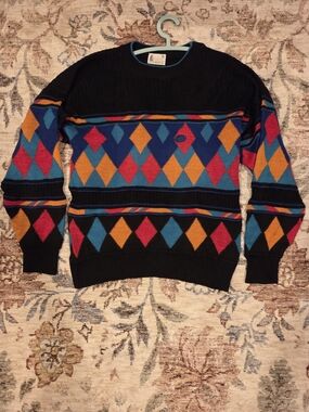 London Fog Vintage Black Argyle Crewneck Sweater